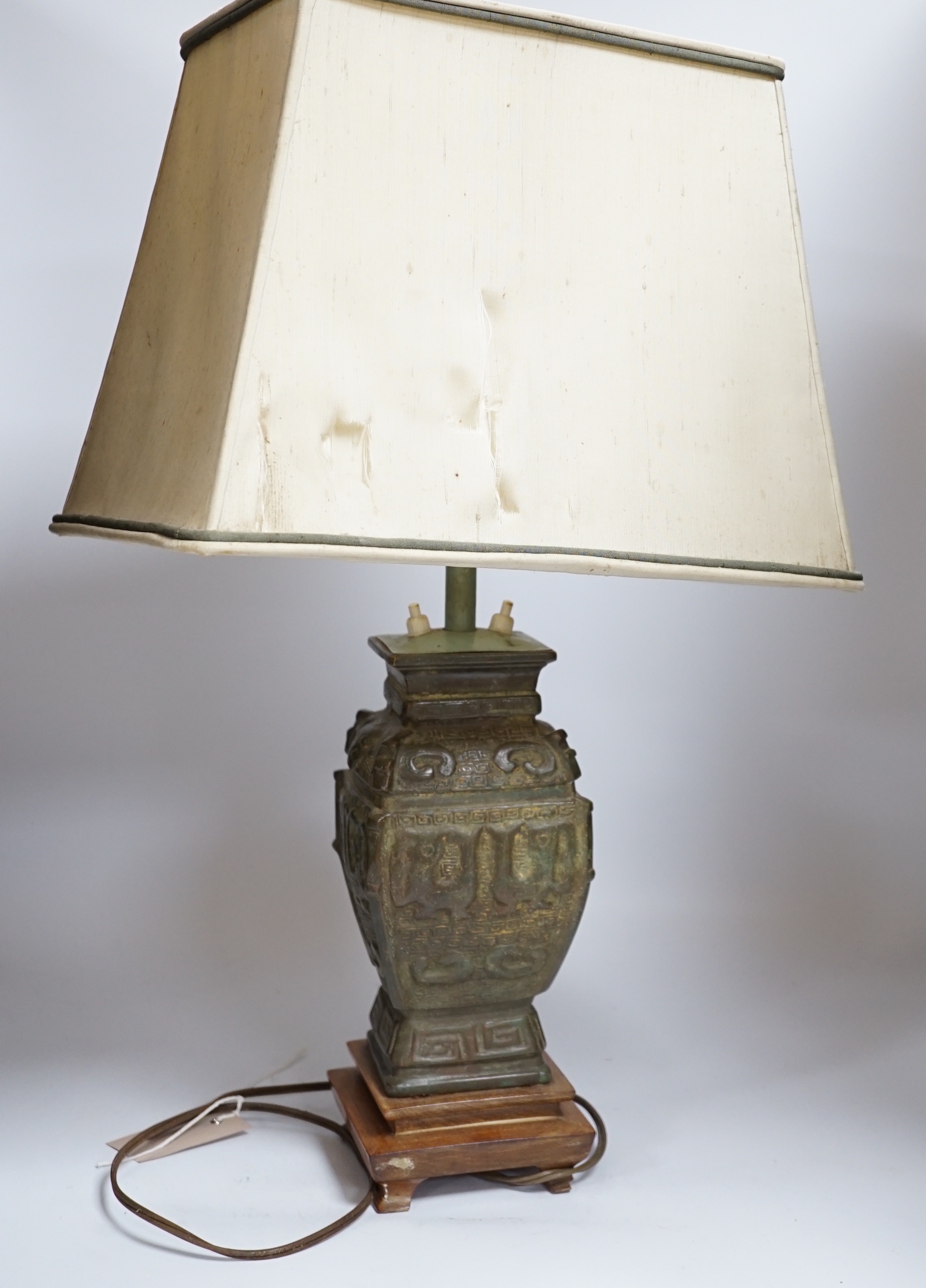 A Chinese archaistic bronze lamp with shade, 57cm including shade